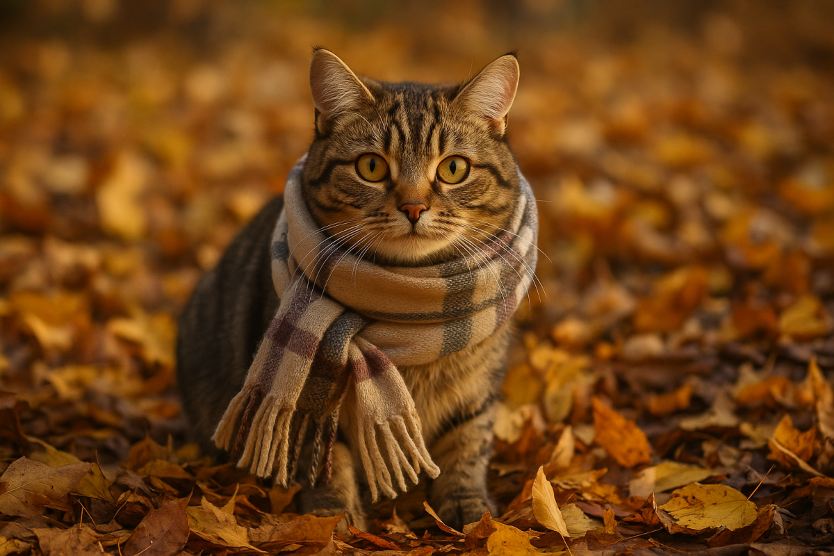 кот с шарфом в листве