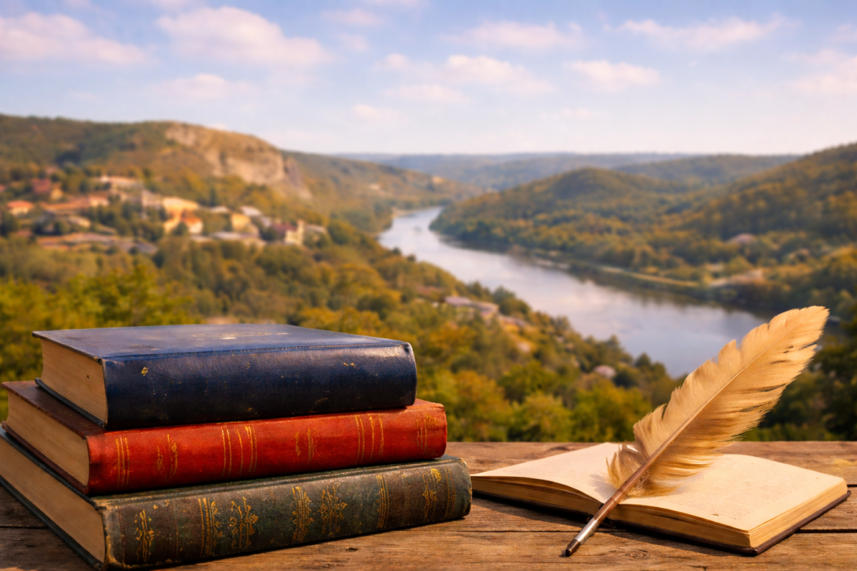 Книги у окна с видом на долину