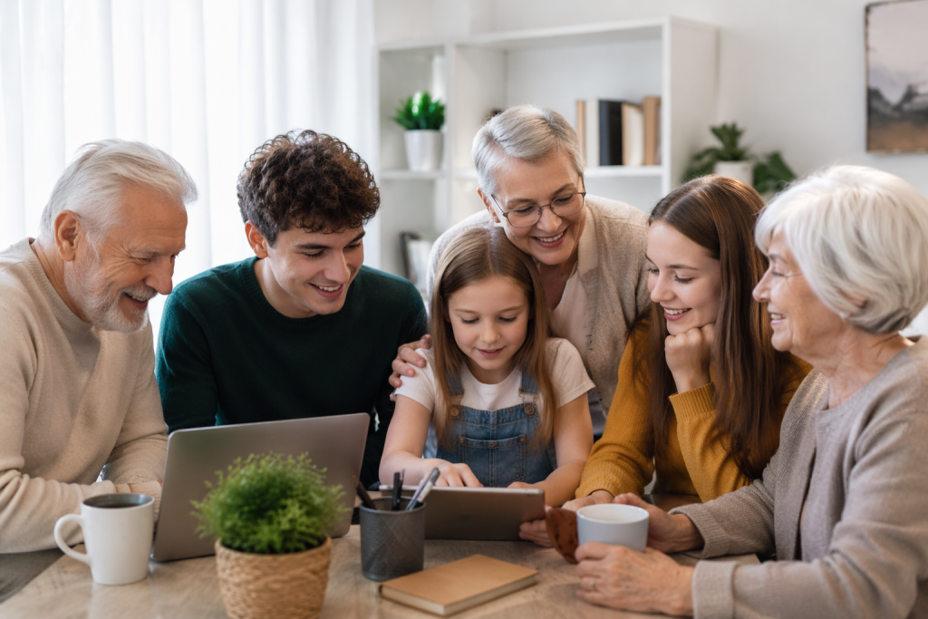 Семейное общения у экрана устройства
