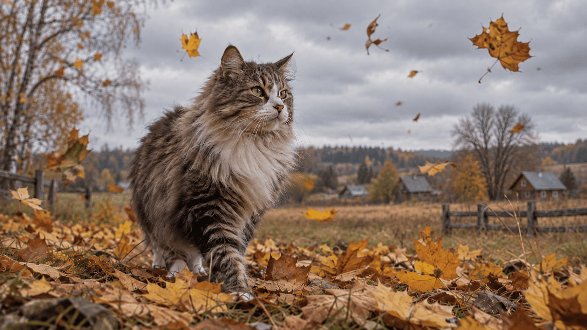 кот в осенних листьях